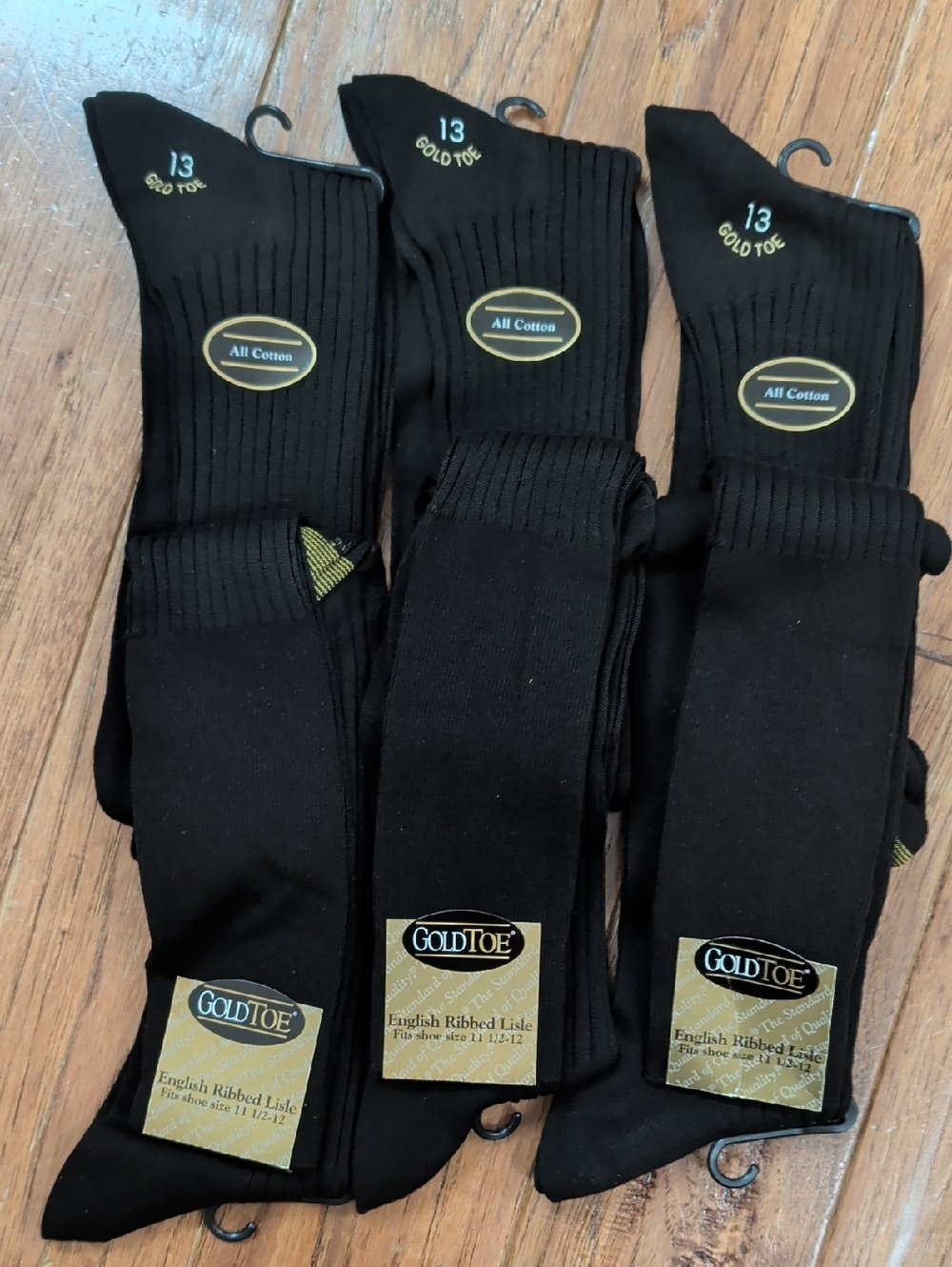 Gold Toe English Black Ribbed Lisle Cotton Dress Socks - 6 Pair